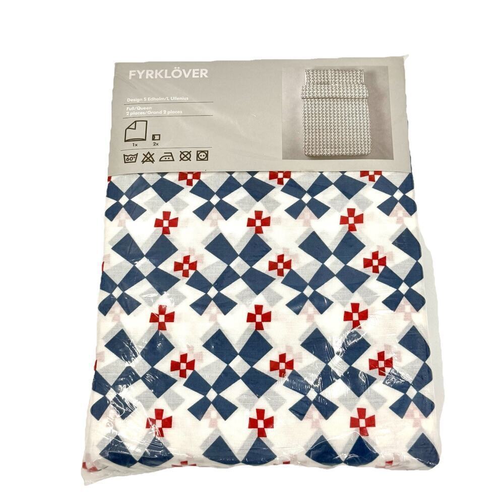 Ikea Sweden Bed Cover Queen/Full Size Cover 2 Pillow Cases Windmills Red Blue